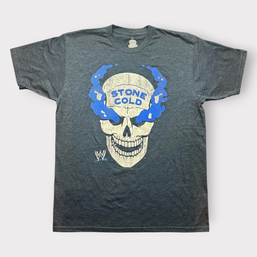 WWE Legends Stone Cold Steve Austin Skull Graphic T-Shirt Mens Large Gray Blue